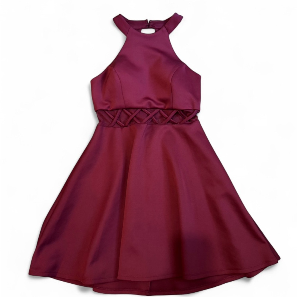 Juniors Burgandy A-Line Pleated Short Dress with Sheer Waist